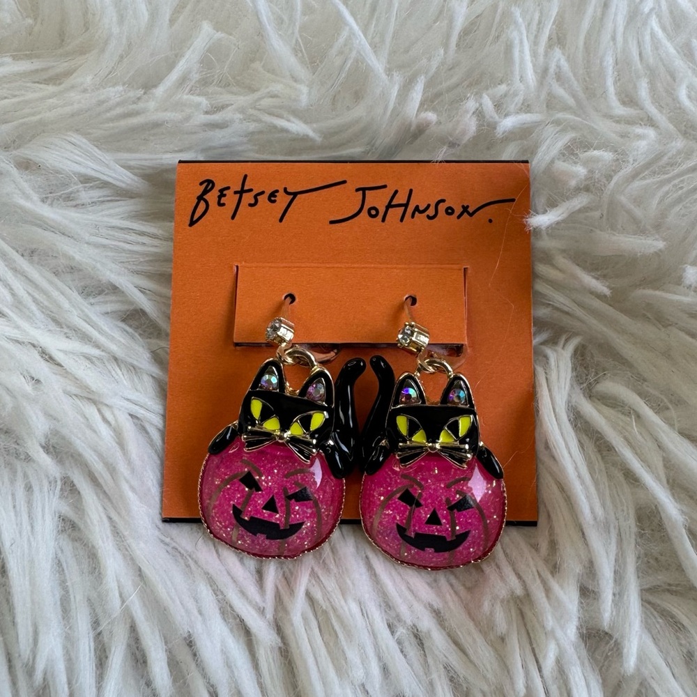 Betsey Johnson Rare Halloween Pink Pumpkin Black Cat Earrings - Picture 3 of 12